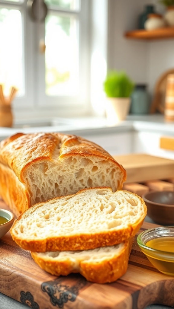 A golden-brown gluten-free bread loaf sliced on a wooden cutting board with olive oil in a bowl.